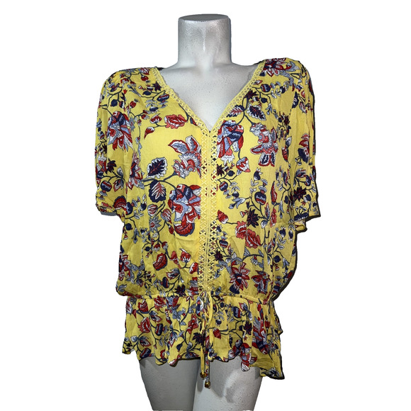 Adrienne Vittadini Tops - New Adrienne Vittadini Top Size XL Yellow Floral Crochet V-neck SS Blouse Shirt